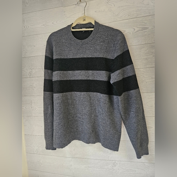 Theory- Sweater Men's Gray and Black Striped  Large Araud Crew Regal Merino Wool - Picture 1 of 7